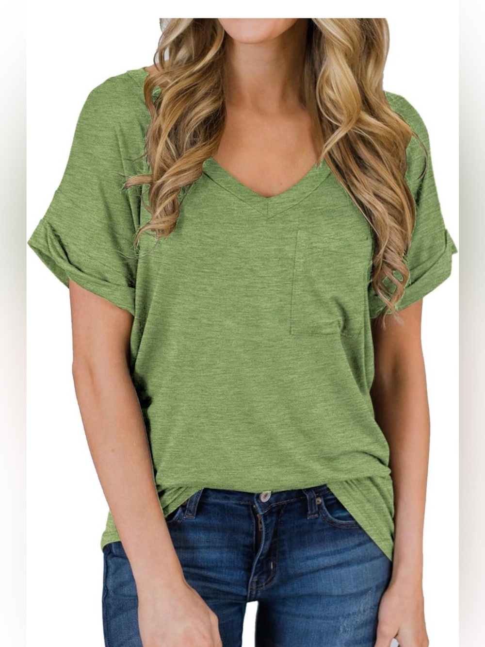 MIHOLL Light Green V-Neck Pocket Tee | Size Large | Roll Sleeve Casual Top